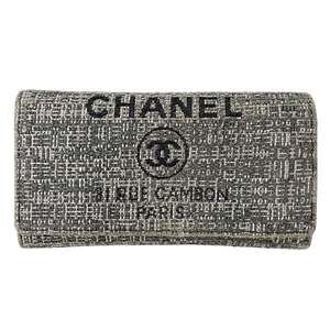 CHANEL Deauville Women's Long Wallet in Gray Canvas with Silver Hardware